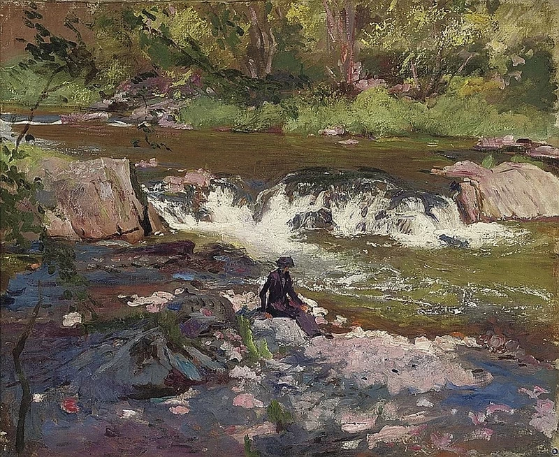 Figure sedute in riva a un fiume